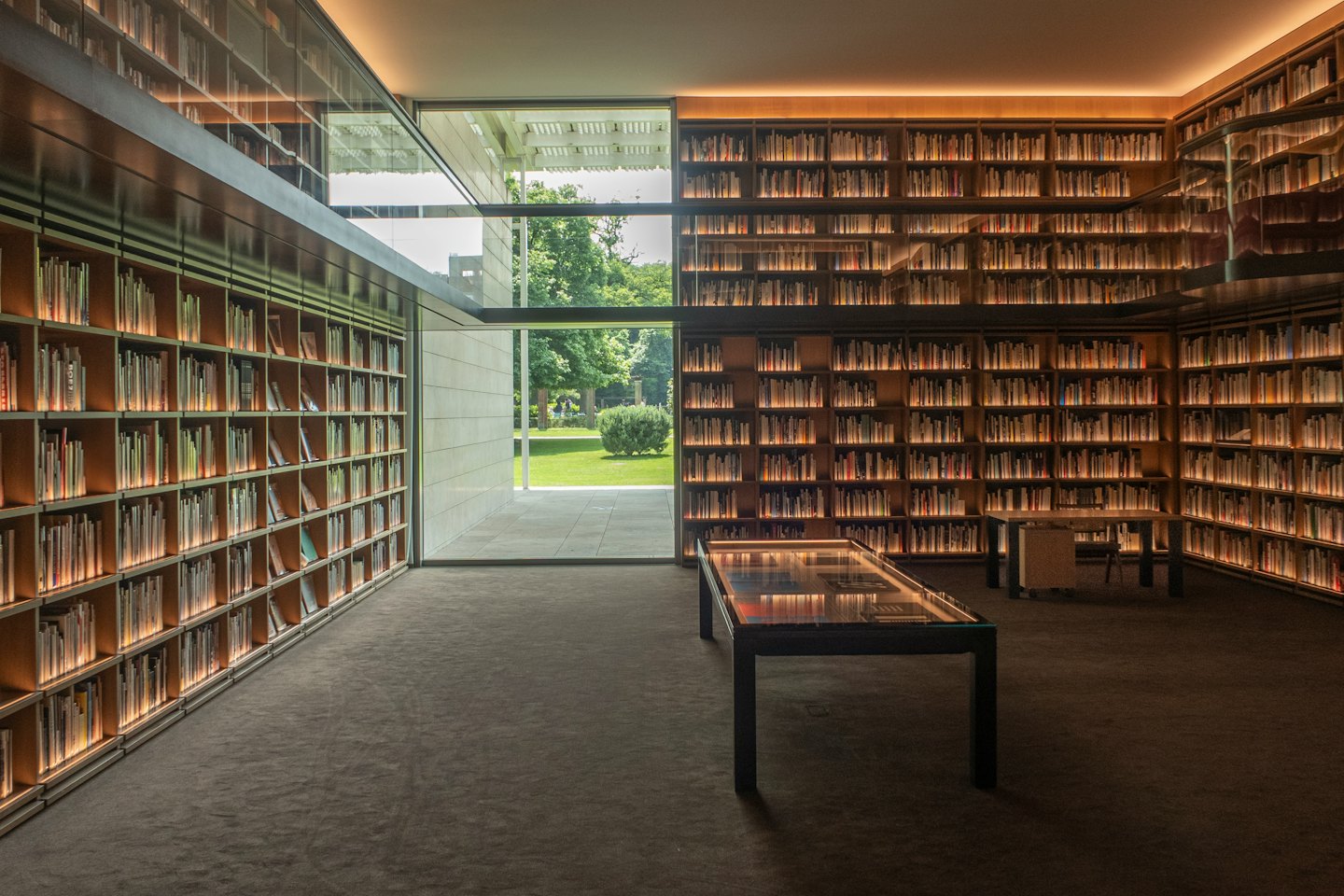 Modern library featuring wooden shelves and a glass door to a lawn.