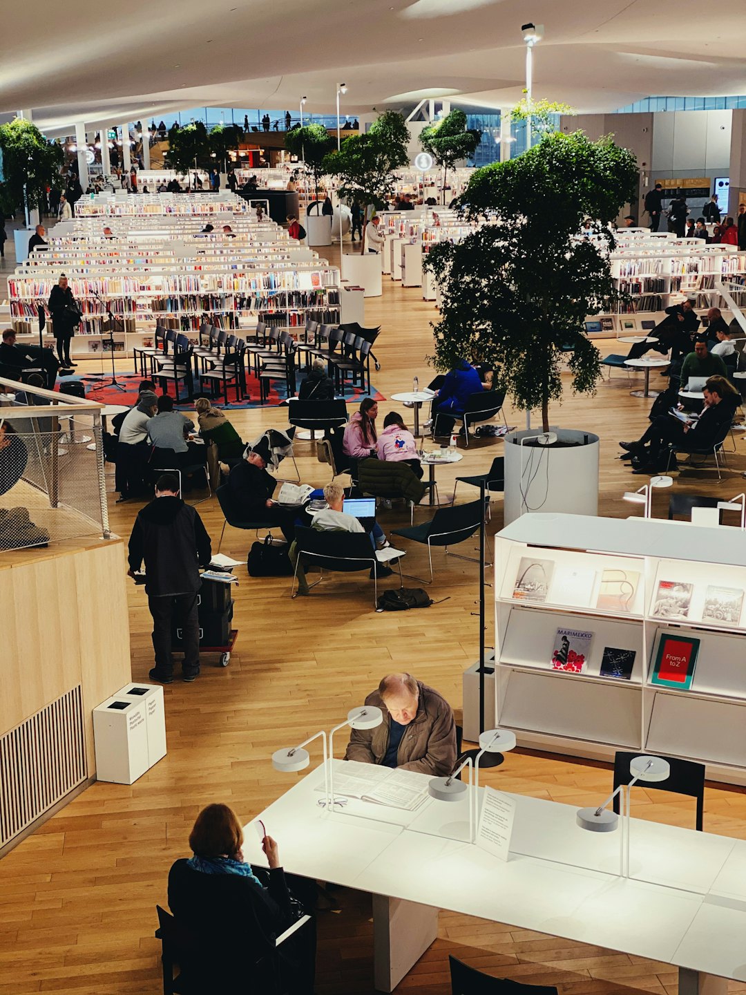 People reading and working in a bright, modern multi-level library.