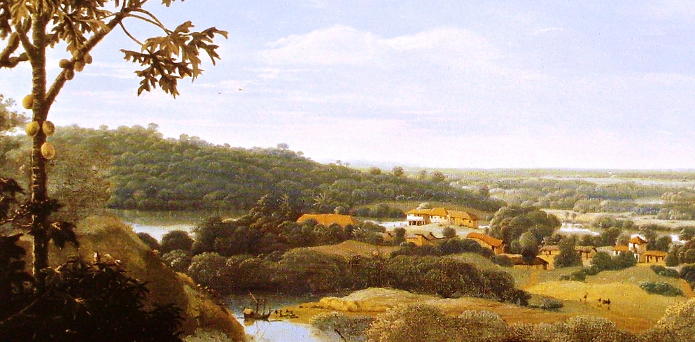 Paisagem Brasileira com Rio, Tatu e Indios. Pintura de Frans Post, 1649.